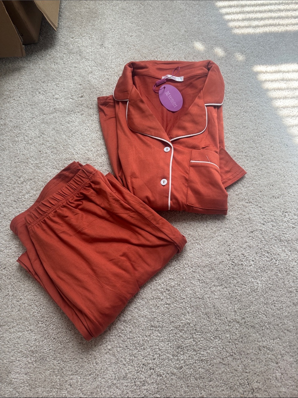Women's Rust Two-Piece Pajama Set with White Piping